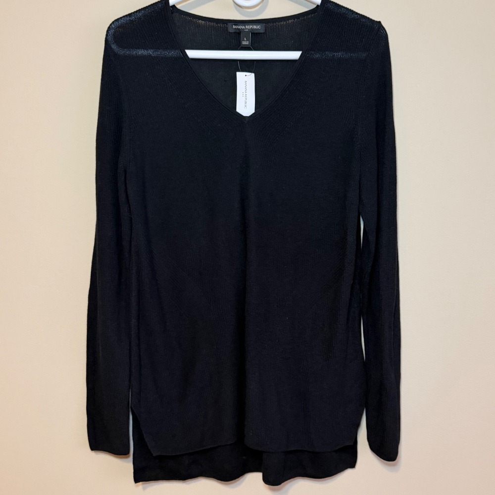 Banana Republic Factory Womens Black V-Neck High-Low Ribbed Sweater L 666783-06